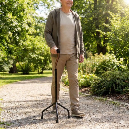 Homme utilisant une canne de marche tripode en aluminium pour un meilleur support pas à pas.