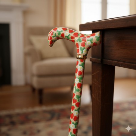 Canne de marche élégante motif fraise appuyée contre un meuble en bois dans un salon.