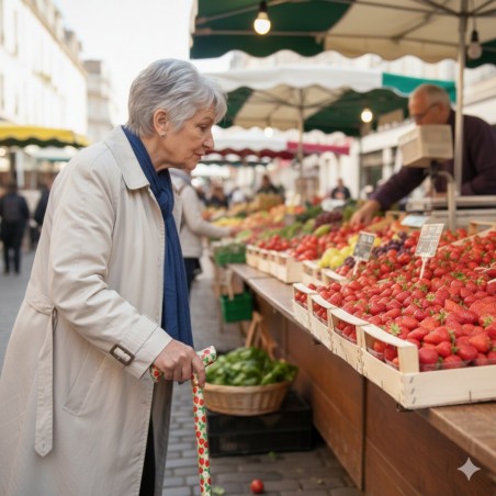 Femme utilisant une canne de marche à motif fraise dans un marché traditionnel en France.