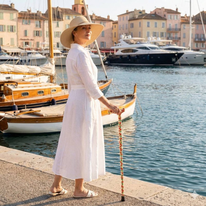 Femme senior au port avec sa canne de marche pliable fantaisie et sa poignée derby originale.