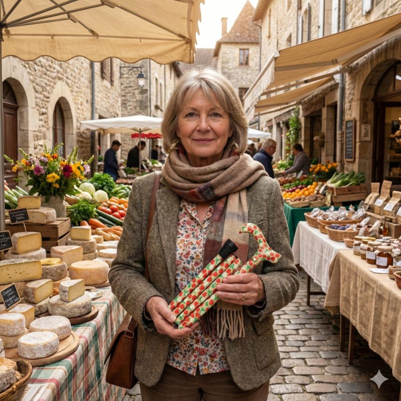 Femme senior au marché avec une canne pliée originale, alternative fantaisiste non remboursable.