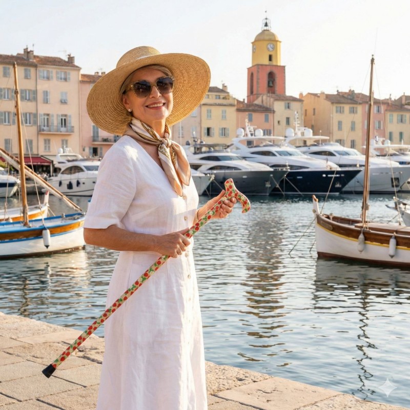 Femme montrant sa canne de marche légère et originale, look fantaisie avec poignée en derby.