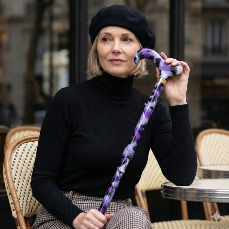 Femme élégante au café tenant subtilement sa canne de marche féminine et remboursable.