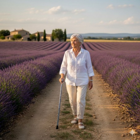 Canne Derby lavande remboursable, qualité pharmacie, femme marchant en Provence.