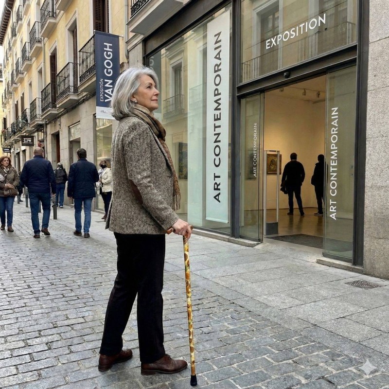 Femme chic présentant sa canne de marche à motif tournesol, pièce d'art subtile et très élégante.
