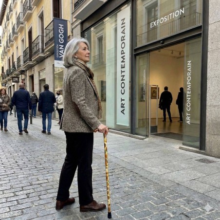 Femme chic présentant sa canne de marche à motif tournesol, pièce d'art subtile et très élégante.