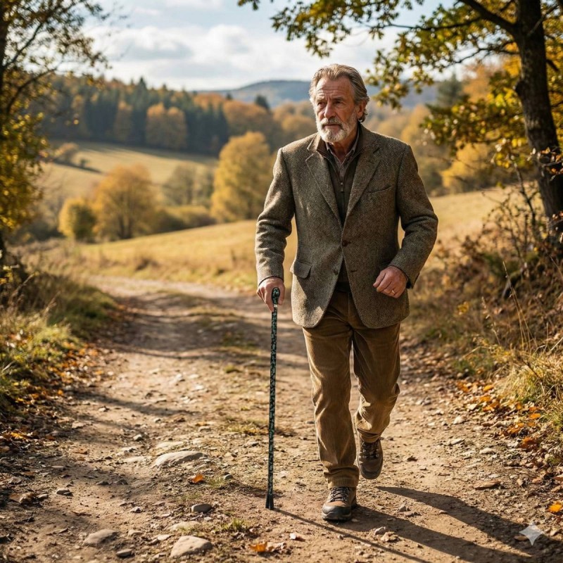 Homme actif utilisant en extérieur une canne de marche au design forêt nature remboursable.