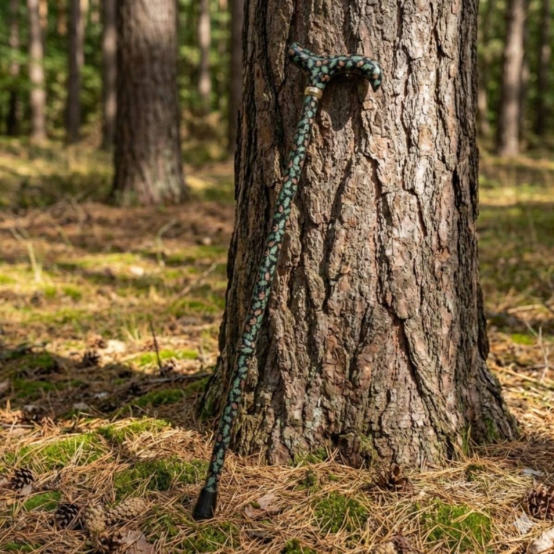 Canne de marche réglable en aluminium de qualité pharmaceutique avec poignée derby, motif nature sur un arbre dans la forêt.