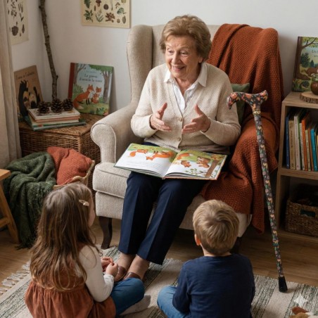 Grand-mère lisant un conte. À ses côtés, canne de marche fantaisie remboursable poignée derby.