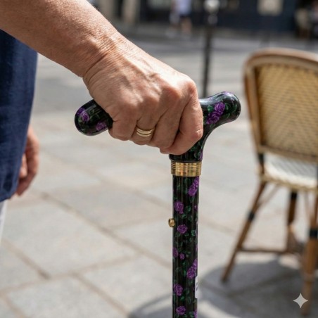 Canne de marche féminine noire avec des fleurs violettes.