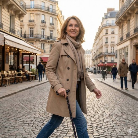 Une femme se balade avec une canne de marche pliable noire ornée de roses violettes.