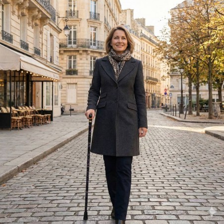 Canne de marche pliante réglable noire à fleurs, idéale pour les femmes élégantes.