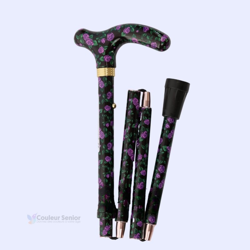 Canne de marche pliée, cadeau pour femme original, motif fleuri et sobre, 100% remboursable.