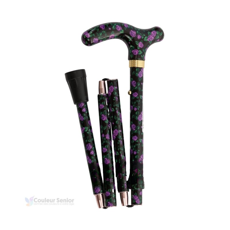 Canne de marche pliable pour femme, noire à fleurs, un cadeau original et remboursable.