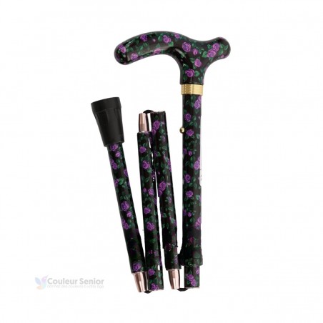 Canne de marche pliable pour femme, noire à fleurs, un cadeau original et remboursable.