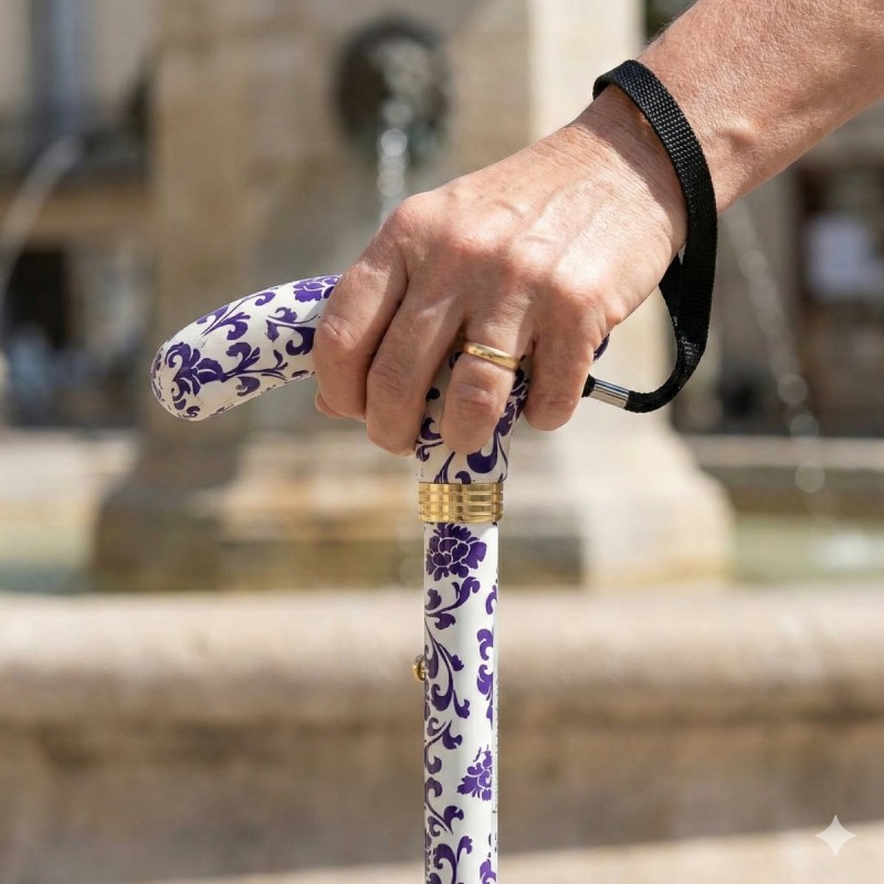 Femme utilizant la poignee de la canne de marche design cachemire violet, une excellente aide à la mobilité active.