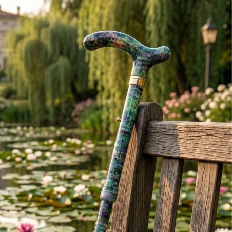 Gros plan sur la poignée en T ergonomique d'une canne de marche pliable et réglable unique et originale.
