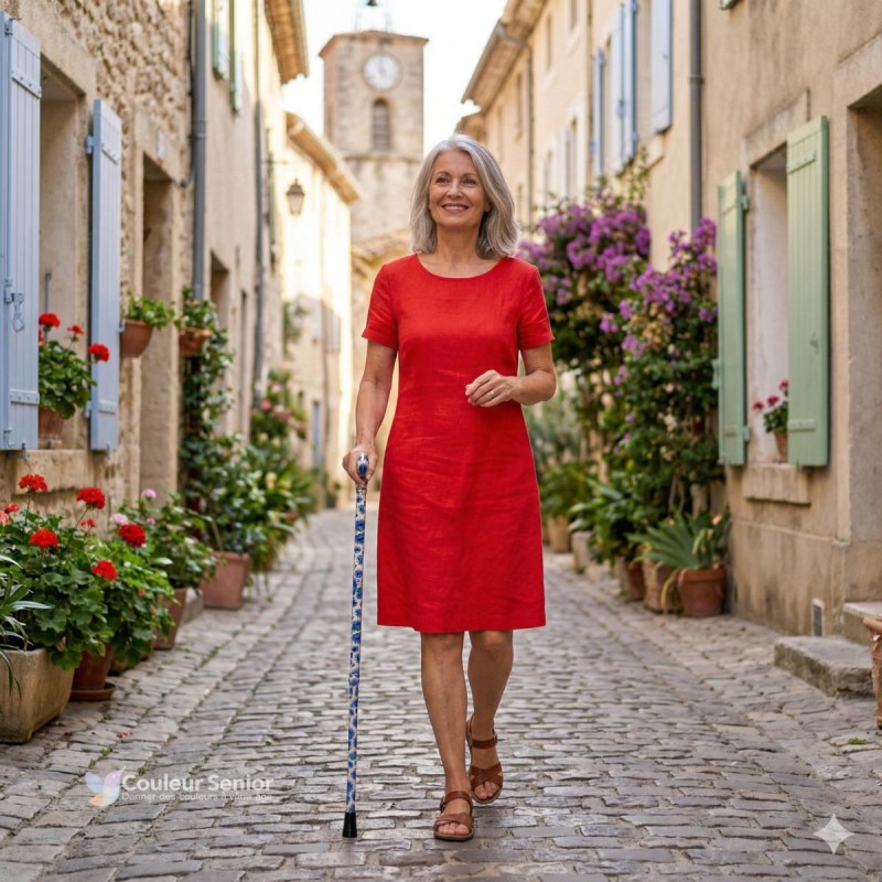 Femme senior en robe de lin rouge marchant dans une rue provençale avec une canne de marche  fleurie style bleuets.
