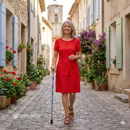 Femme senior en robe de lin rouge marchant dans une rue provençale avec une canne de marche Bleuets des Champs