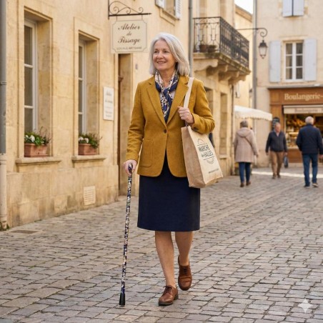 Femme marchant avec sa canne de marche royal  bleue fleurie. Un cadeau original et chic.