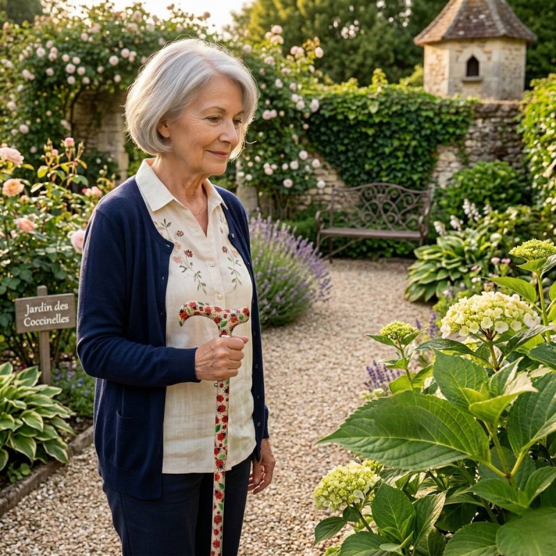 Elégante senior en promenade dans un jardin, tenant sa canne de marche fantaisie motif nature.