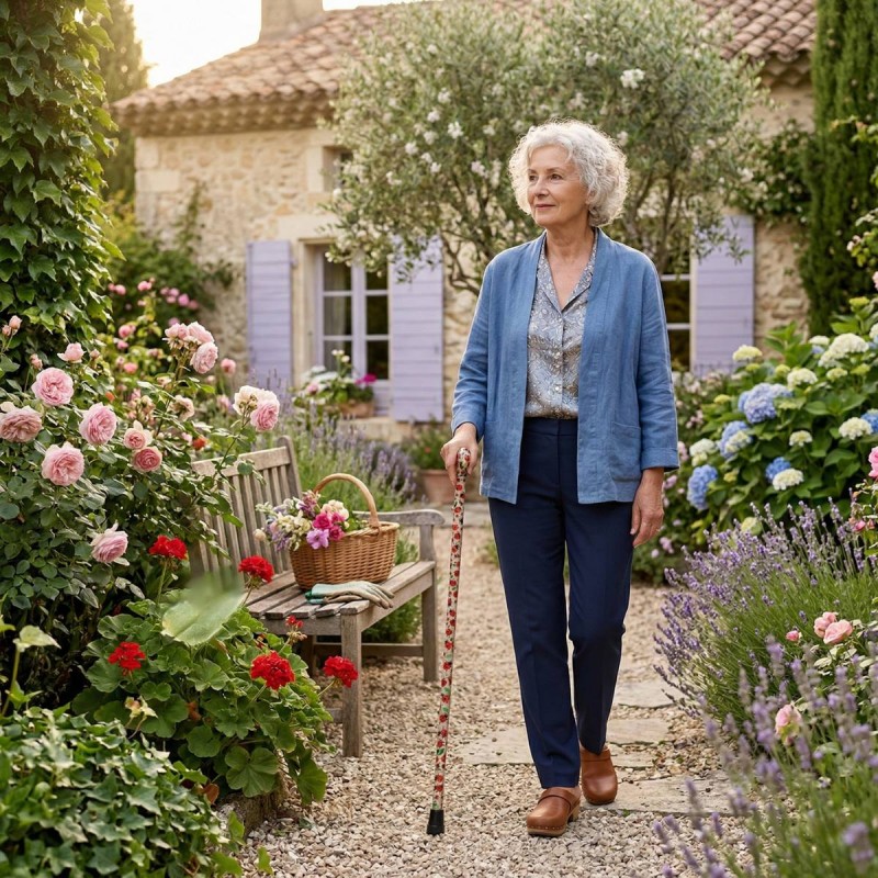 Femme marchant avec sa canne originale coccinelles amusante, accessoire de marche fantaisie.