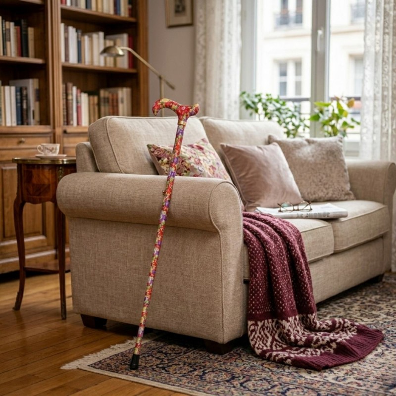 Élégante canne de marche réglable femme, motif rouge fantaisie, décorant un beau salon.