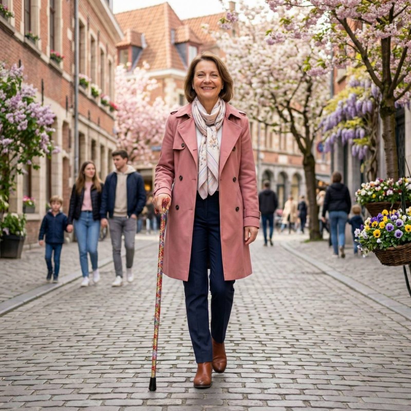 Femme marchant avec assurance, belle canne de marche rouge fantaisie réglable et colorée.