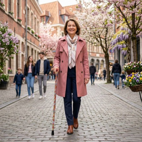 Femme marchant avec assurance, belle canne de marche rouge fantaisie réglable et colorée.