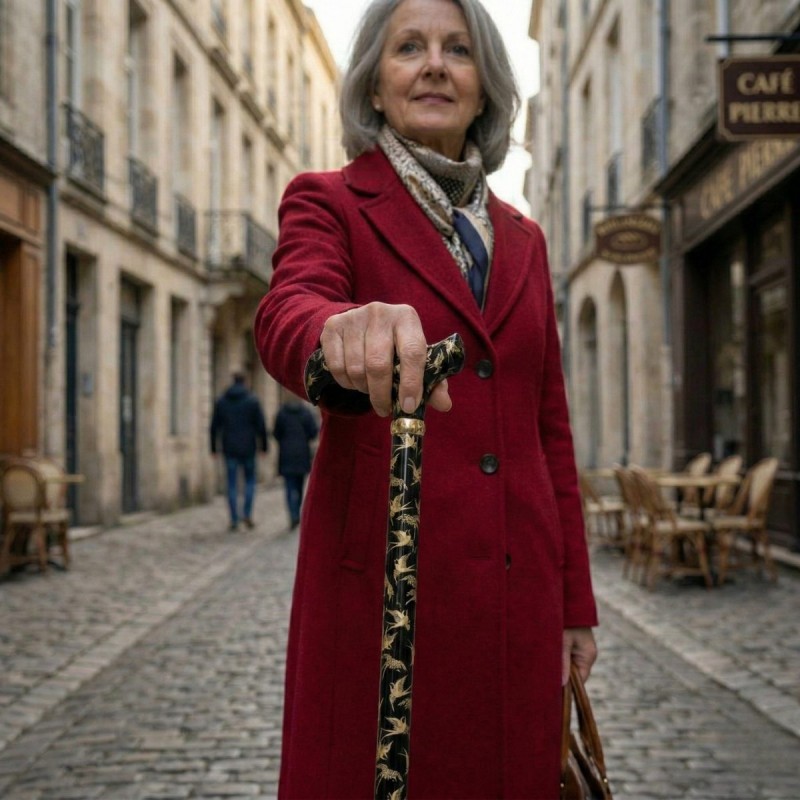 Elégante poignée Derby de cette canne de marche motif Hirondelles, offrant confort et sécurité.