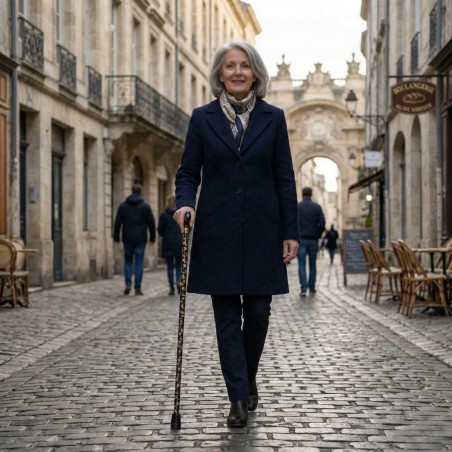 Femme marchant avec élégance et sécurité en ville grâce à sa canne de marche hirondelles.