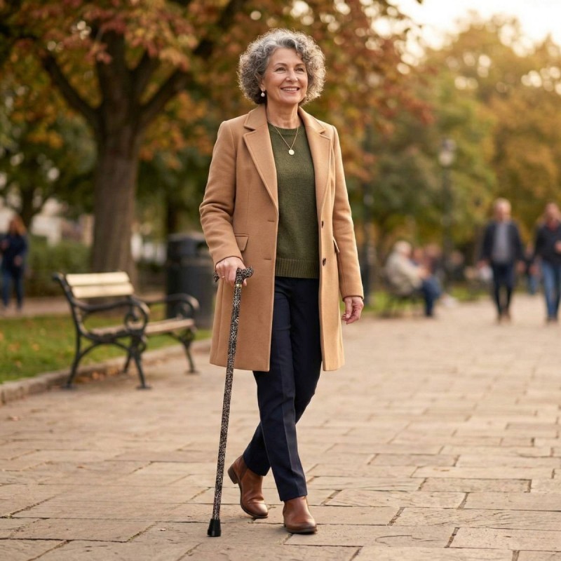 Femme marchant avec assurance, belle canne de marche style  Léopard pliable et réglable.