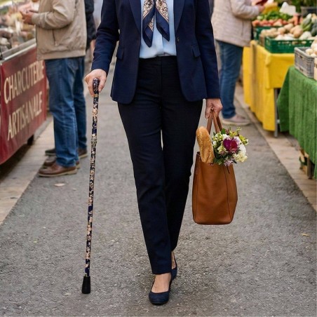 Femme marchant avec sa canne de marche réglable Royal Bleu. Un cadeau élégant, original et sécurisé.