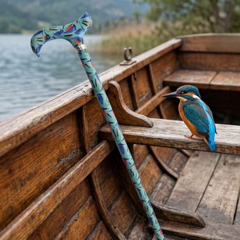 Canne de marche pour femme originale, colorée en turquoise, style martin-pêcheur.