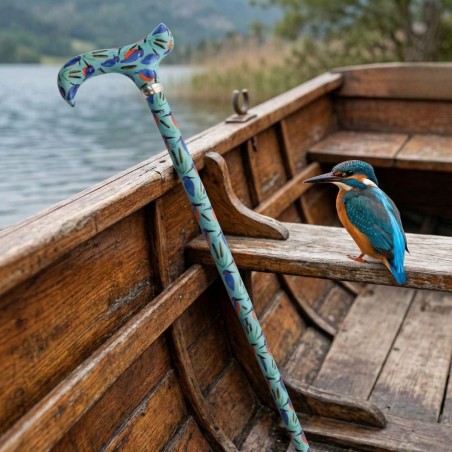 Canne de marche pour femme originale, colorée en turquoise, style martin-pêcheur.