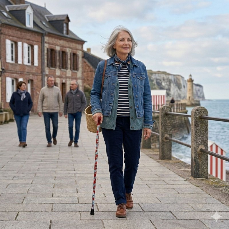 Promenade confortable pour femme avec une canne de marche ornée de fleurs de coquelicot.