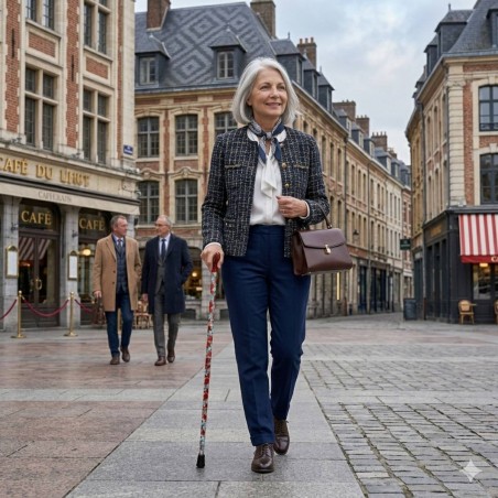 Femme marchant avec assurance, portant une belle canne de marche ornée de fleurs de coquelicot.