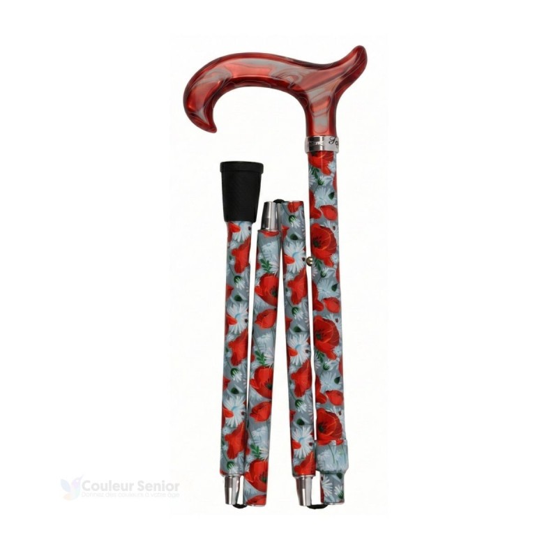 Canne de marche pliée rouge élégante pour femme, motif fleurs coquelicots, style féminin.