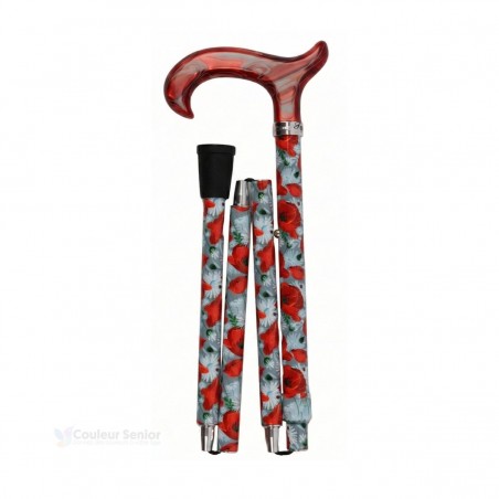 Canne de marche pliée rouge élégante pour femme, motif fleurs coquelicots, style féminin.