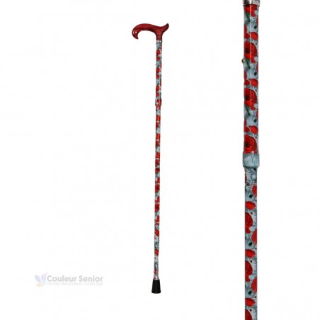 Canne pliante réglable en aluminium, motif de coquelicots, poignée en T en plexiglas rouge.