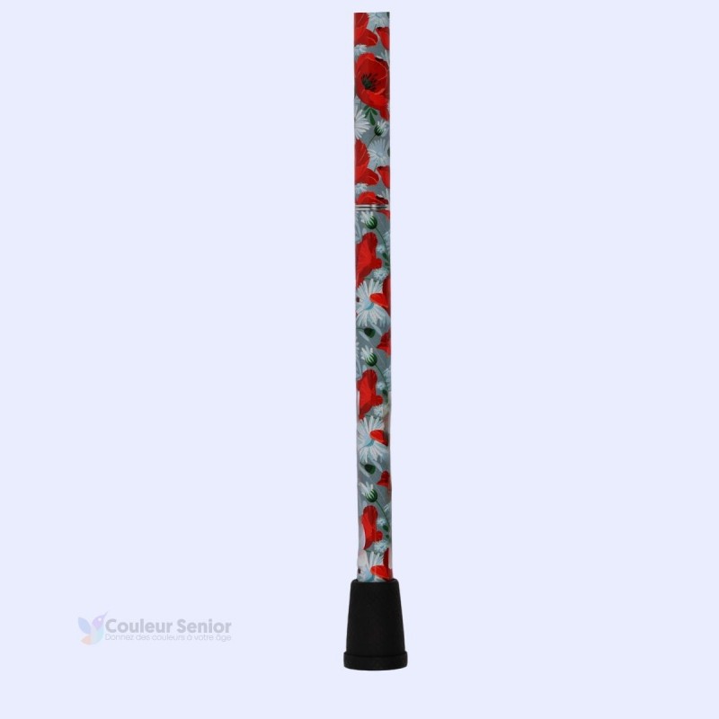 Embout antidérapant de canne de marche rouge pour femme, élégant avec ses fleurs de coquelicot.