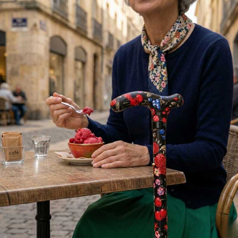 Canne de marche pliable à poignée T appuyée, une femme savourant une glace aux fruits rouges.