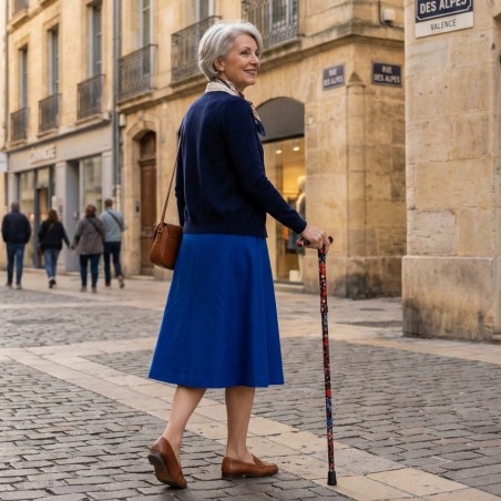 Femme marchant en toute sécurité avec sa canne de marche originale noire et fruits rouges.