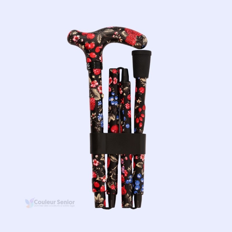 Canne de marche pliable originale et noire, pliée à droite pour montrer un vrai confort.