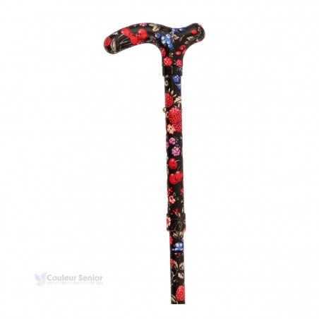 Haut de la canne de marche avec poignée T, beau motif original fruits rouges sur noir.