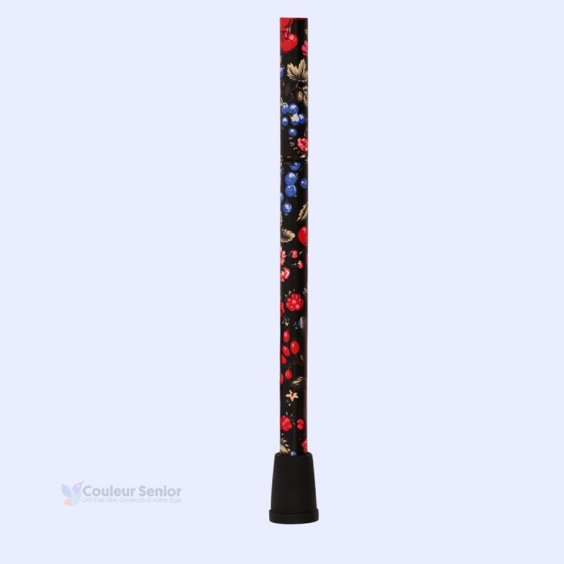 Détail de l'embout antidérapant noir de cette canne de marche au design très original.