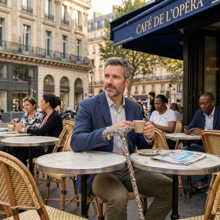 Monsieur avec une canne de marche arc-en-ciel originale. Poignée derby de style fantaisie.