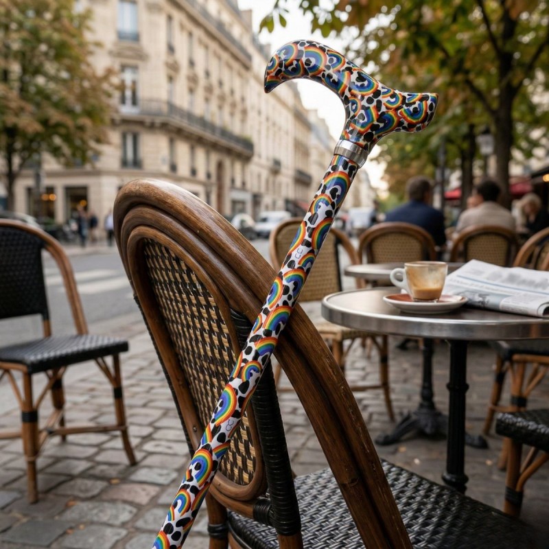 Canne de marche fantaisie arc-en-ciel originale avec poignée derby sur une chaise à Paris.