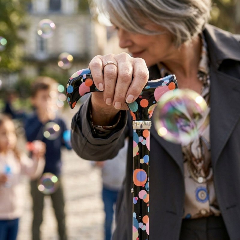 Femme senior élégante montrant en détail la belle poignée de sa canne de marche colorée.
