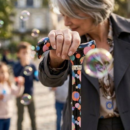 Femme senior élégante montrant en détail la belle poignée de sa canne de marche colorée.
